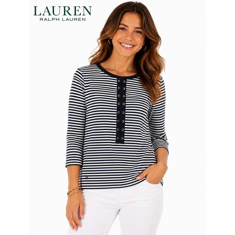 Lauren Ralph Lauren Navy White Striped Lace-Up 3/4 Sleeve Top